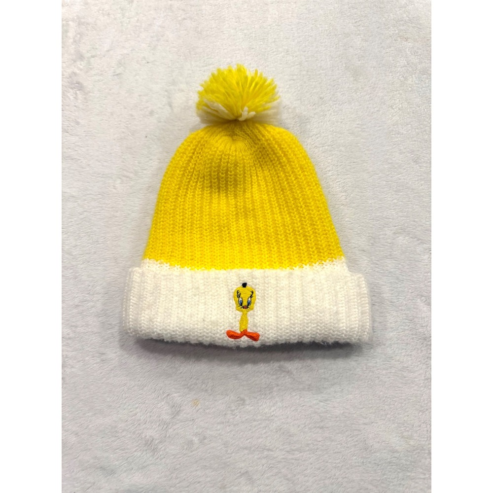 Looney Tunes Tweety Bird Knit Beanie Hat Yellow White Pom Pom Winter Cap